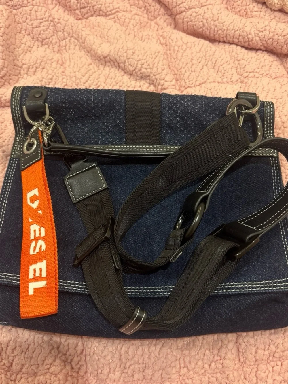 Diesel Men’s Denim Messenger Bag with Orange Logo Strap